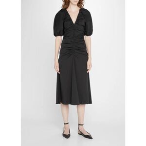 Carolina Herrera Plunging Puff Sleeve Ruched Midi Dress V Neck Zip Women Black 0